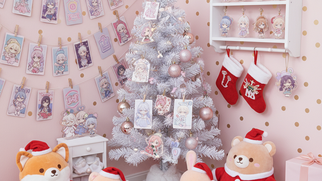 ぬいぐるみにサンタ衣装を着せてクリスマスツリーの横に飾った推し活デコの例