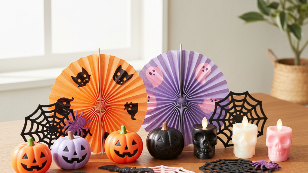 100均で手に入るハロウィンアイテム:ミニかぼちゃ・コウモリステッカー・ペーパーファン・スカルキャンドル