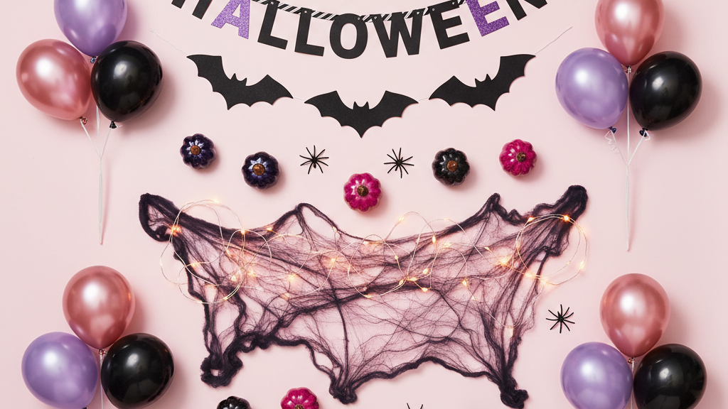 ハロウィンの基本デコアイテムを並べたフラットレイ:ガーランド・バルーン・LEDライト・ミニかぼちゃ
