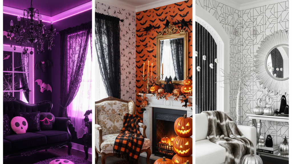 ハロウィンの3つのカラーパレット例:黒×紫×ピンク、オレンジ×黒×ゴールド、白×黒×シルバー