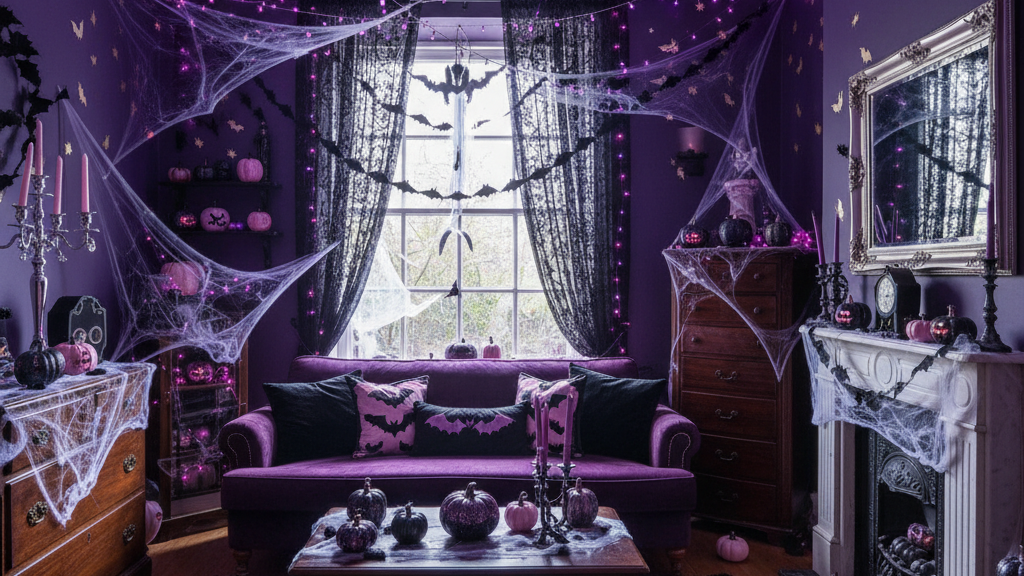 黒×紫×ピンクのゴシックかわいいハロウィンデコレーションを施した部屋