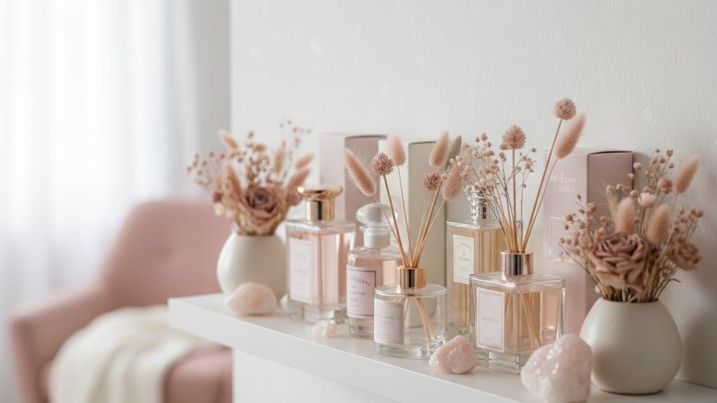 おしゃれなガラスボトルのディフューザーやフレグランスが並ぶ白い棚