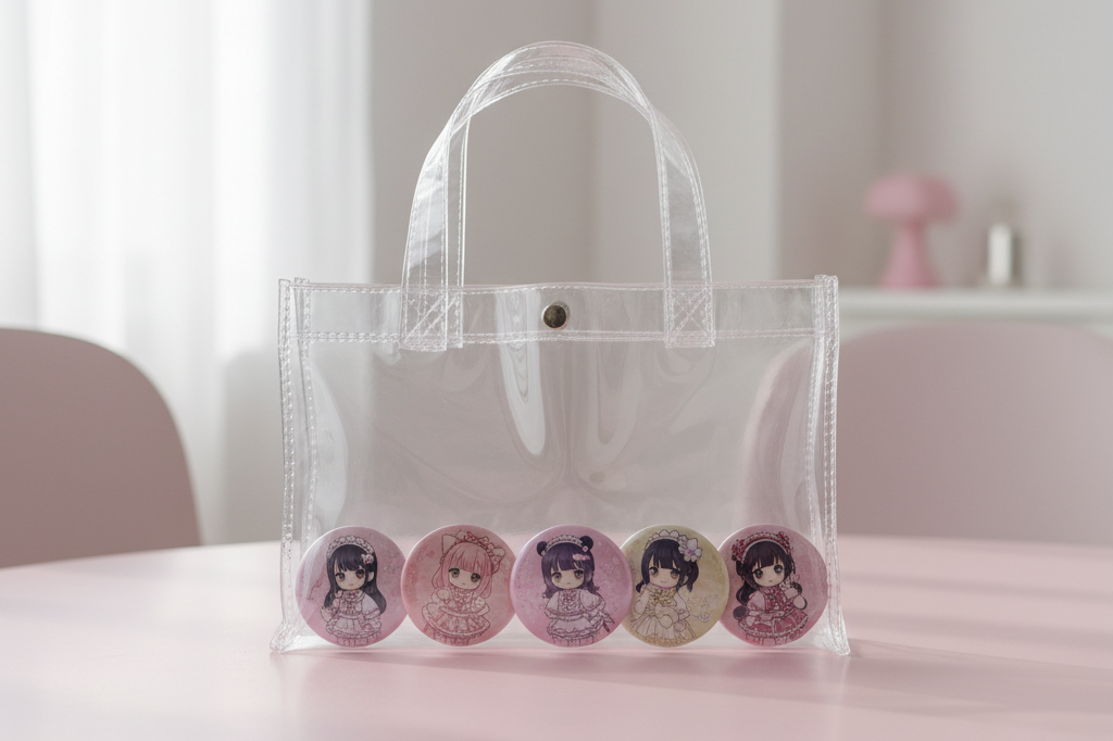 クリアトートの開口部と缶バッジ並びのイメージ