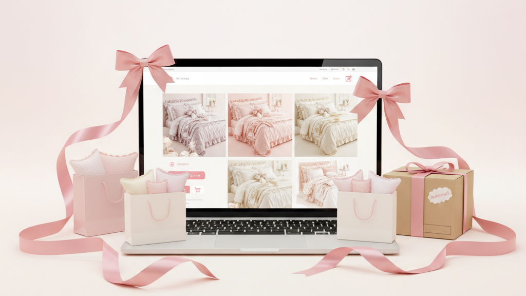 通販でかわいい寝具を探すイメージ