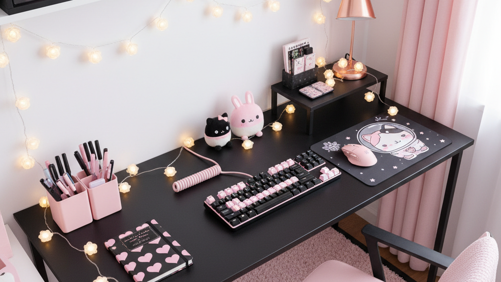 黒×ピンクで統一されたかわいいデスク周り。キーボードや文房具、フェアリーライトが配置された俯瞰ショット