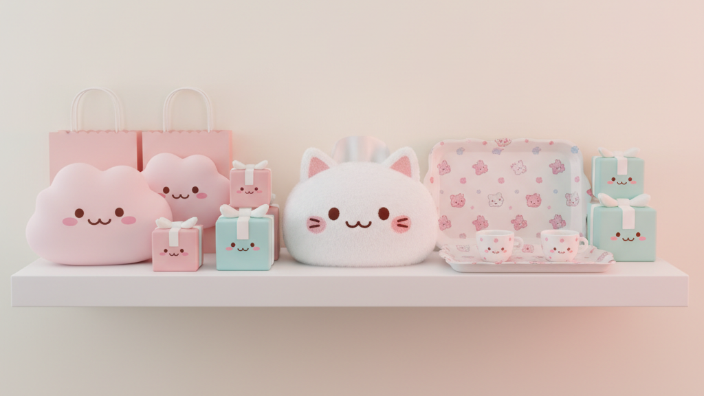 パステルピンクのショッピングバッグとかわいい生活雑貨のディスプレイ