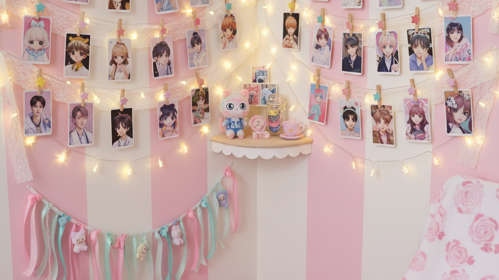 フェアリーライトとクリップで写真を飾った推し活ウォールコーナー