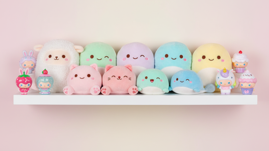 白い棚にかわいく並んだぬいぐるみとフィギュアのディスプレイ