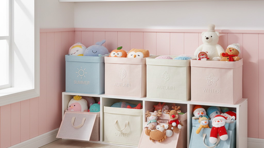 棚にディスプレイされたぬいぐるみと、布製ボックスに整理保管されたぬいぐるみ