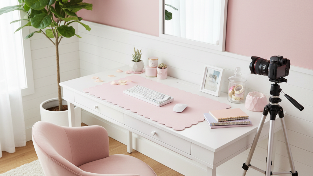 自然光の入る明るい部屋で、パステルピンクのデスク周りを撮影するイメージ
