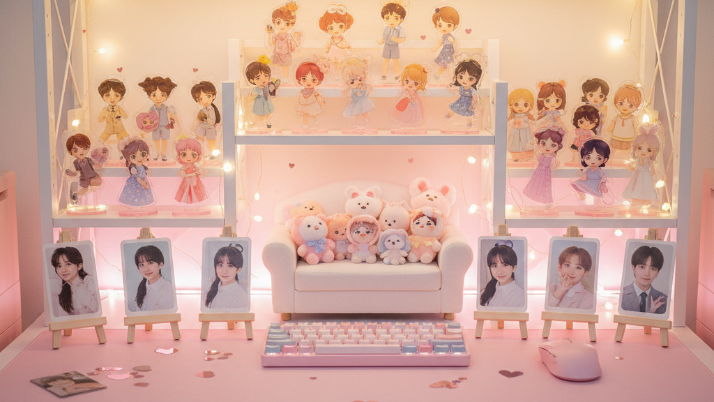 アクスタやぬいぐるみ、フェアリーライト、LEDライトで飾られたパステルピンクの推し活デスク全体像