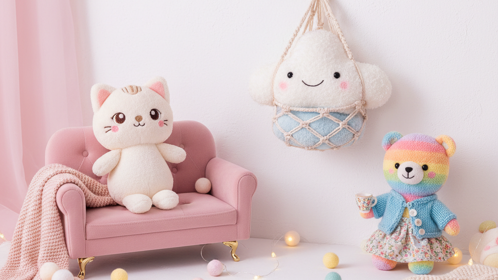 ミニソファに座ったぬいぐるみ、壁掛けハンモックに入ったぬいぐるみ、お着替え衣装を着たぬいぐるみの3パターン